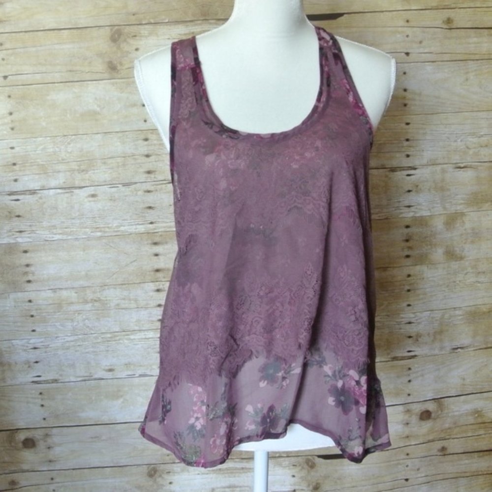 Vanity Vintage Plum Flower & Lace Tank‎ Top S